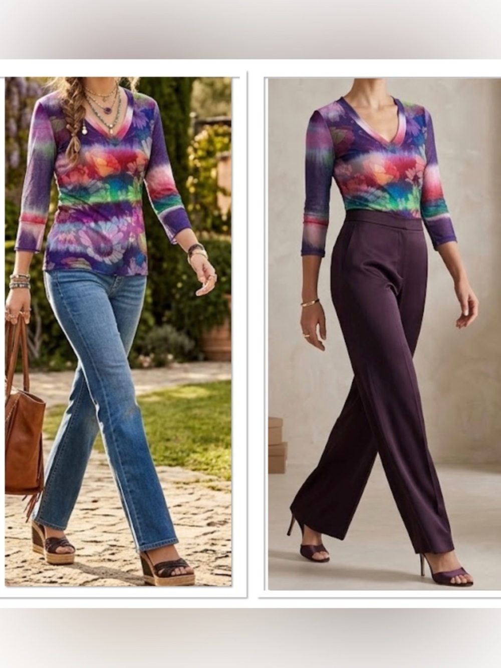 Multicolor V-Neck 3/4 Long Sleeve Top — Rainbow Floral Print